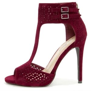 Anne Michelle Laser Cutout T-Strap Heels Sz: 7.5 - Burgundy